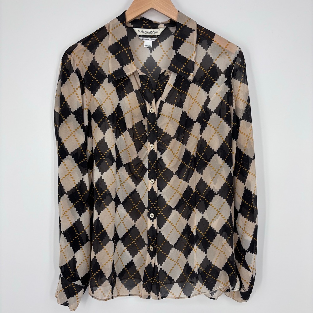 Marina Rinaldi 100% Silk Camicia Blouse Womens 27 Argyle Geometric Top Italy